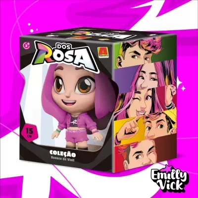 Caixa de boneco de vinil DOS ROSA 15 cm em fundo rosa vibrante