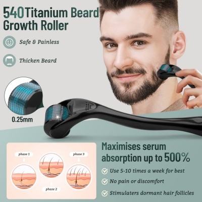 Homem a usar roller para crescimento de barba preto e azul, com texto informativo sobre o produto