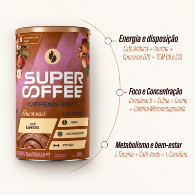 Lata de suplemento alimentar em pó Super Coffee Caffeine Army creme de avelã 380g