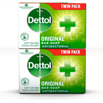Embalagem dupla de sabonete em barra Dettol Original, verde e branca, com texto e símbolos de antibacteriano