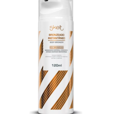 Frasco spray bronzeador corporal Skelt branco com detalhes castanhos