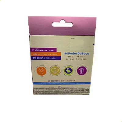 Embalagem de produto com texto em português e ícones em fundo bege com parte rosa no topo.