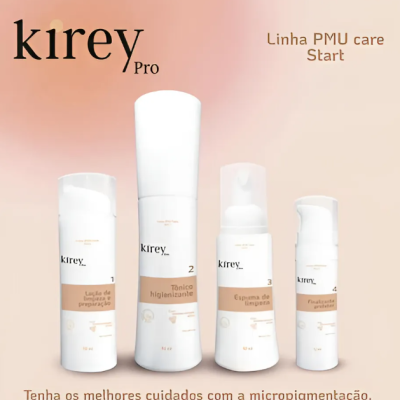 Quatro frascos brancos de produtos da linha Kirey Pro PMU care Start para micropigmentação