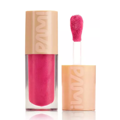 Batons líquidos rosa brilhante com tampa bege fosca com texto PAMAS