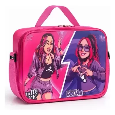Mala rosa com ilustrações de raparigas e nomes Mally Pick e Katlen