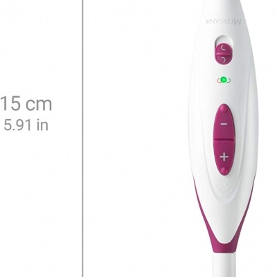 Aparelho elétrico branco e rosa Medisana com botões e ponta abrasiva