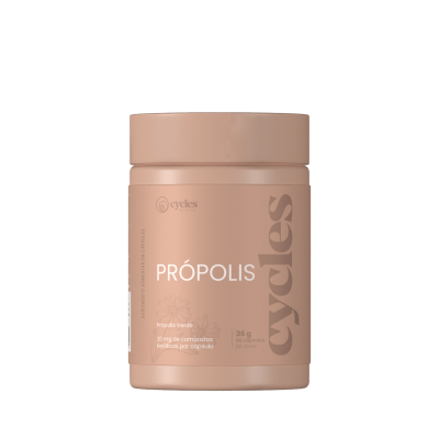 Frasco rosa bege de suplemento própolis da Cycles com texto branco e castanho