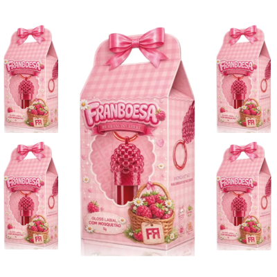 Embalagem rosa de gloss labial FRANBOESA com laço e design framboesa