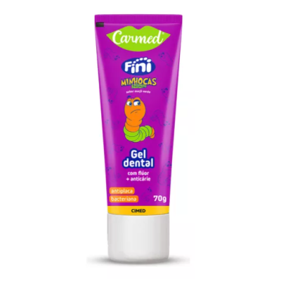 Gel dental Carmed Fini Mimocas em tubo roxo com minhoca desenhada