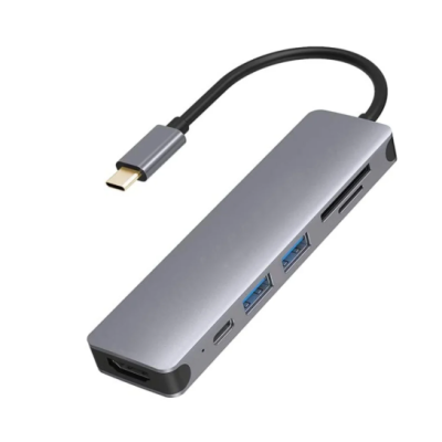 Hub USB tipo C cinza com portas USB, HDMI, leitores de cartão e cabo preto