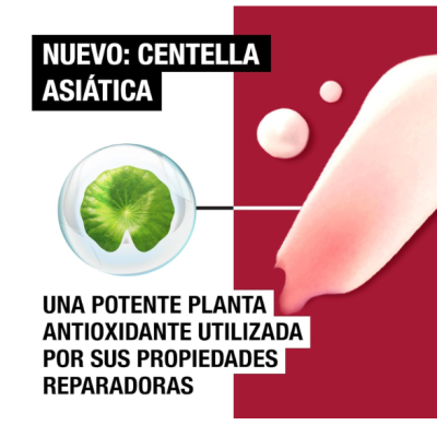 Imagem com folha verde em bolha e creme rosa com texto em espanhol sobre centella asiática