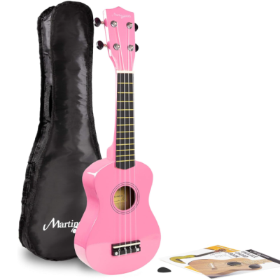 Ukulele cor-de-rosa com capa preta e acessórios