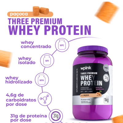 Embalagem roxa de suplemento Whey Protein sabor paçoca com 1kg e 31g proteína por dose