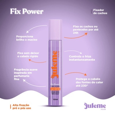 Fixador de cachos Fix Power Julene Hair embalagem lilás 120ml com texto explicativo