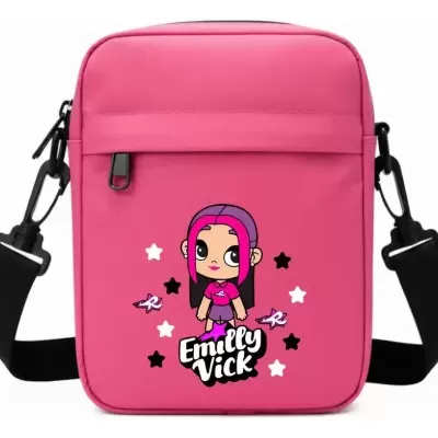 Mala de ombro rosa com personagem cartoon e texto Emilly Vick