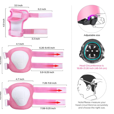 Conjunto de equipamentos de proteção rosa com joelheiras, cotoveleiras e protector de pulso e ilustrações de ajuste.