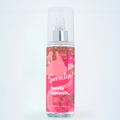 Frasco transparente de spray corporal com rótulo rosa decorado com gelados