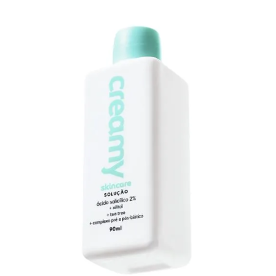 Frasco branco com tampa azul-claro de solução de cuidado da pele