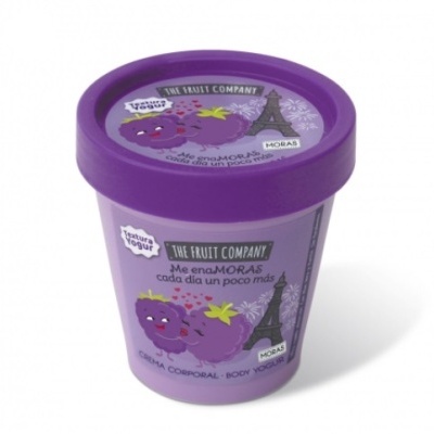 Creme corporal na embalagem roxa com texto e ilustrações