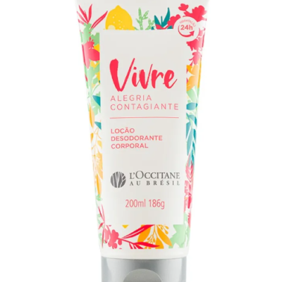 Loção desodorante corporal Vivre com embalagem colorida e tampa prateada.