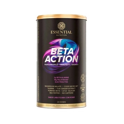 Embalagem preta cilíndrica com tampa dourada e texto colorido de suplemento Beta Action.