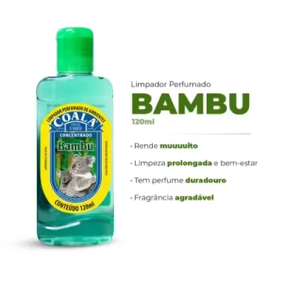 Frasco de limpador perfumado Coala Bambu 120ml com tampa verde e rótulo amarelo com imagem de coalas.