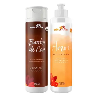 Dois frascos de champô da marca Beleza Ruiva, um castanho e um laranja com texto descritivo em português.