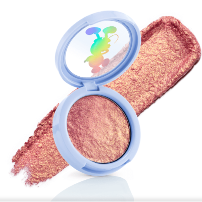 compacto de maquilhagem rosa metálico embalagem azul clara com espelho