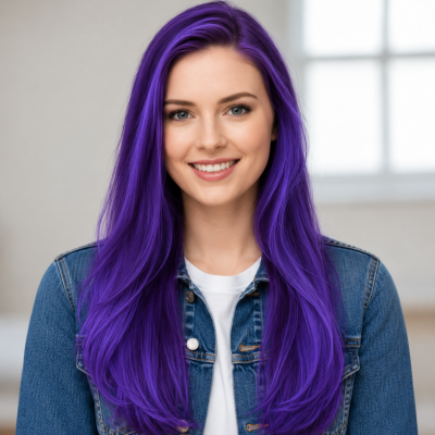 Mulher com cabelo roxo e jaqueta de ganga azul