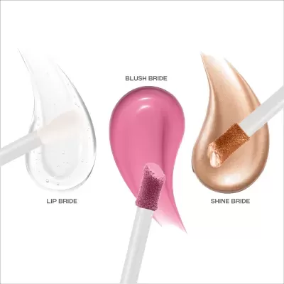 Três amostras de gloss labial com aplicadores e legendas LIP BRIDE, BLUSH BRIDE, SHINE BRIDE