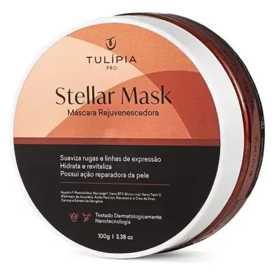 Tampa redonda de embalagem de máscara facial Stellar Mask com design em tons laranja e preto