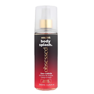 Frasco de body splash we pink com tampa translúcida e rótulo preto e vermelho