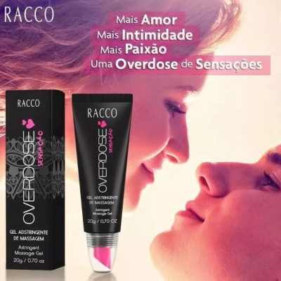 Gel adstringente de massagem RACCO OVERDOSE SENSACAO junto a caixa com imagem de casal e texto promocional.