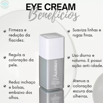 Frasco de creme para olhos cinza e branco com rótulo e texto descritivo dos benefícios ao fundo