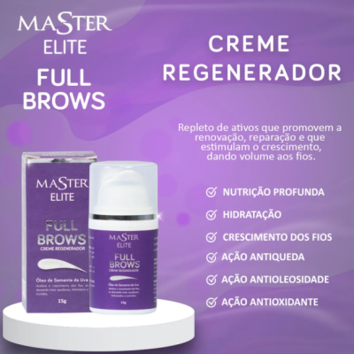 Embalagem e frasco de creme roxo Master Elite Full Brows 15g sobre fundo roxo