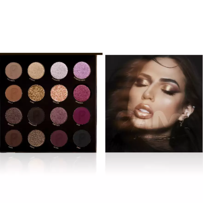 Paleta de sombras 16 cores variadas com imagem de rosto feminino maquilhado