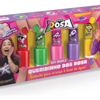 Kit esmaltes para crianças com cinco frascos coloridos numa caixa rosa