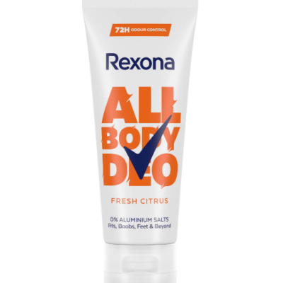 Tubo branco de desodorizante Rexona All Body Deo com texto laranja e azul