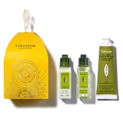 Conjunto de cuidados pessoais LOccitane com embalagem amarela e três produtos verdes com rótulos Verbena