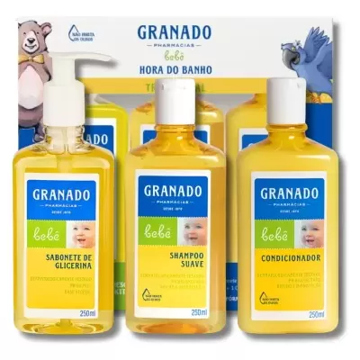Pack de produtos para bebé Granado em frascos amarelos com etiquetas azuis e amarelas.