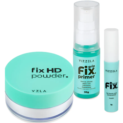 Conjunto de três produtos VIZZELA em embalagem azul turquesa para beleza