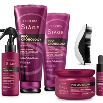 Produtos Eudora Siàge Pro Cronology em embalagem rosa com texto branco e preto ao lado de pente preto