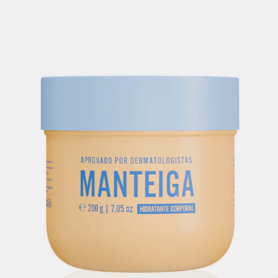 Frasco de manteiga hidratante corporal com tampa azul e texto azul.