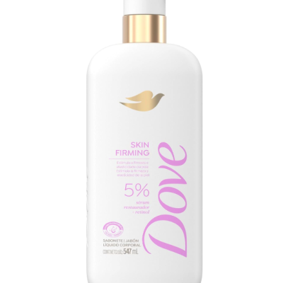 Frasco branco de sabonete líquido corporal Dove com tampa dourada e texto rosa