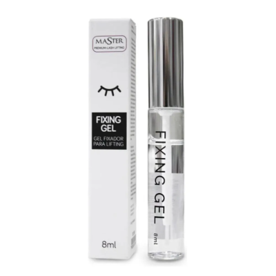 Gel fixador para lifting de pestanas MASTER em embalagem branca e frasco transparente