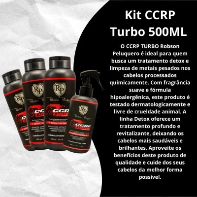 Kit CCRP Turbo de produtos capilares em frascos pretos com detalhes vermelhos.