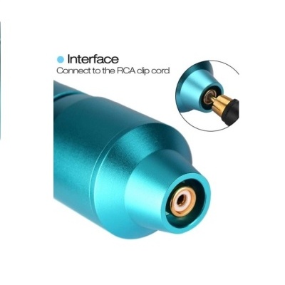 Conector metálico azul para cabo RCA com pormenores dourados e texto explicativo