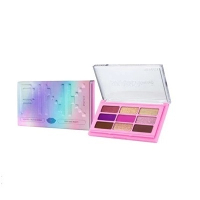 Paleta de sombras com oito cores dentro de caixa rosa e embalagem colorida pastel