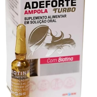 Embalagem e ampola de suplemento alimentar ADEFORTE TURBO com Biotina