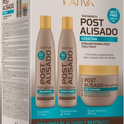 Kit Kativa Post Alisado queratina com shampoo, condicionador e tratamento profundo em embalagem branca e azul
